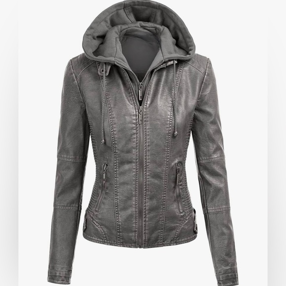Jackets & Blazers - Women's Removable Hooded Faux Leather Jacket Moto Biker Coat -grey
